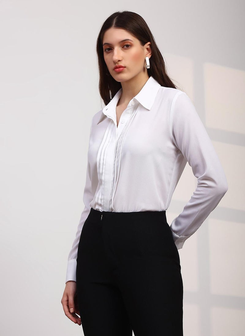 جلو باص قميص نسائي أبيض مائل للصفرة بياقة عريضة وأكمام بأزرار وحافة مستقيمة وطيات مناسب للعمل - Image 3